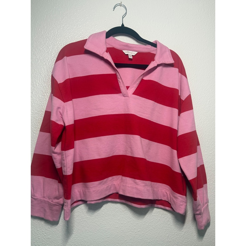 Crown & Ivy Womens Pink Red Striped Long Sleeve Rugby Polo Shirt Size Medium - Picture 5 of 7
